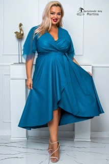 Tyrkysové třpytivé midi společenské šaty "Elena" s efektním překládaným výstřihem a motýlími rukávy