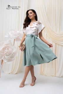 Béžovo-šalvějové midi společenské šaty "Olivia" s volánovým zdobením a páskem v pase