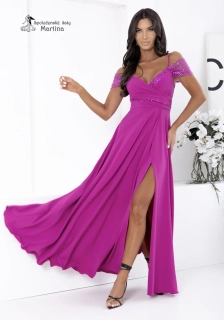 Lehké magentové společenské šaty "Jeri" s flitrovým zdobením a rozparkem