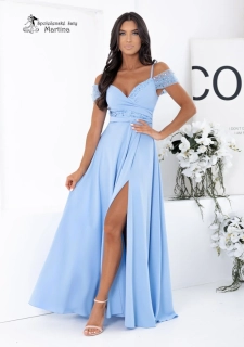 Lehké světle modré společenské šaty "Jeri" s flitrovým zdobením a rozparkem