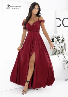 Lehké vínové společenské šaty "Jeri" s flitrovým zdobením a rozparkem