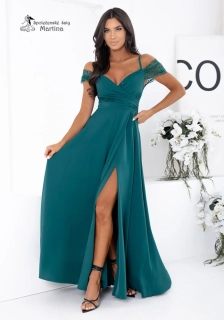 Lehké lahvově zelené společenské šaty "Jeri" s flitrovým zdobením a rozparkem