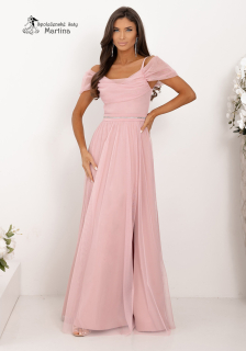 Pudrově růžové tylové společenské šaty "Kiara" s rozparkem a spadenými rameny