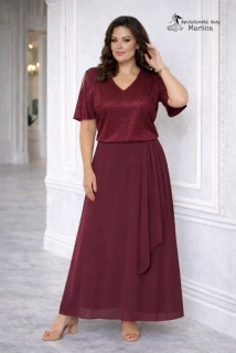 Vínové dlouhé šaty "Lexa" s brokátovým živůtkem a šifonovou sukní - vel. 56