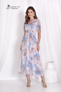 Světle modré lehké květované šaty "Perle" s překládaným výstřihem a páskem