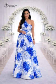 Modré společenské šaty "Elbise" na jedno rameno s plisovanou sukní 