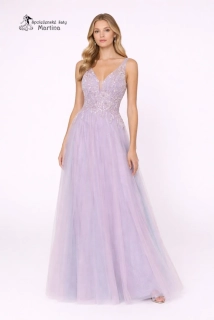 Lila tylové společenské šaty "Inesa" s vyšívaným živůtkem