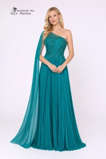 Tyrkysově zelené plisované společenské šaty "Adria" na jedno rameno 