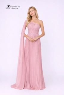 Růžové plisované společenské šaty "Adria" na jedno rameno 