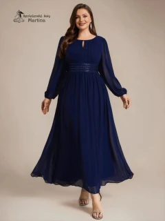 Tmavě modré plus size šifonové společenské šaty "Dorothy“ s flitrovým pasem a dlouhými rukávy