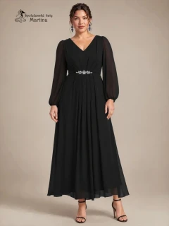 Černé plus size šifonové společenské šaty "Ashley“ s dlouhými rukávy a zdobeným pasem