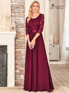 Vínové společenské šaty s 3/4 krajkovými rukávy "Trish" - vel. 40