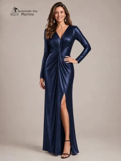 Tmavě modré bodycon společenské šaty "Jordan" s dlouhými rukávy a rozparkem