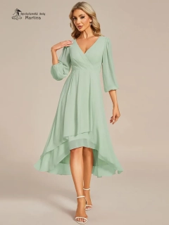 Pistáciové midi asymetrické šifonové šaty s 3/4 rukávem "Hirah"