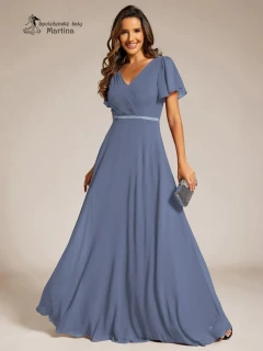 Jednoduše elegantní dusty navy šaty s motýlími rukávy a třpytivým páskem "Claudine"