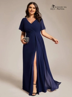 Elegantní tmavě modré plus size společenské šaty s volnějším krátkým rukávem "Janine"