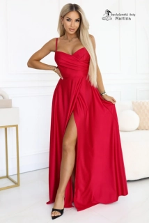 Červené společenské šaty "Liddy" s rozparkem a řaseným živůtkem