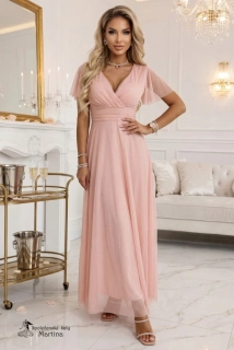 Broskvové třpytivé společenské šaty "Melania" s volnými rukávky