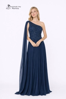 Tmavě modré plisované společenské šaty "Adria" na jedno rameno