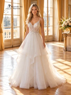 Bílé tylové společenské šaty "Violet" s korálky a vrstvenou sukní